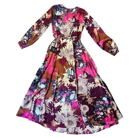 NWT Lulus Put on a Smile Burgundy Floral Print Satin Full Wrap Maxi Dress Small - Picture 6 of 8